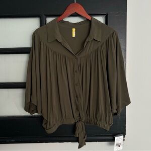 NWT Vintage Free People Cropped Button Up Tied Blouse Dark Olive Green Medium